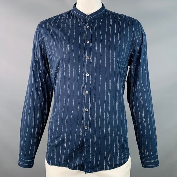 JOHN VARVATOS  L Navy Grey Wavy Lines Cotton Blend Collarless Long Sleeve Shirt - Picture 1 of 6